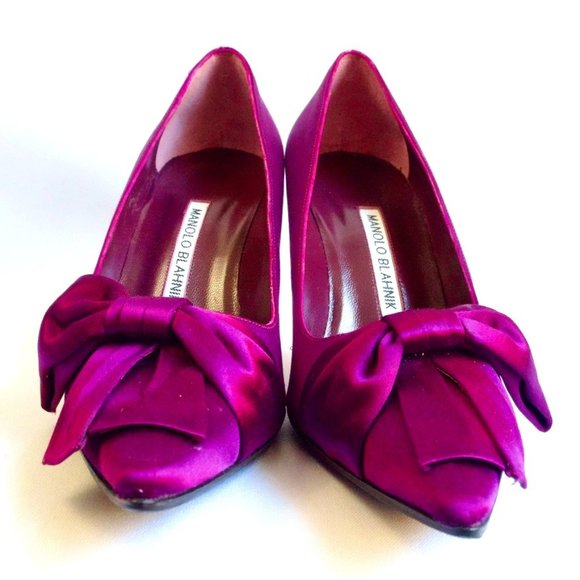 Manolo Blahnik Beccara 90 Fuchsia Satin Bow Pumps BWT Sole Protected - Picture 1 of 11